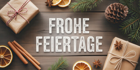 Frohe Feiertage german happy holidays greeting with rustic background and christmas decoration