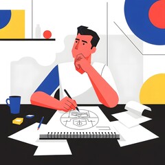 A focused creative professional meticulously sketching new project concepts and strategic plans, symbolizing innovative design and an efficient workflow in a modern, dynamic workspace