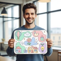 Cheerful man holding a board with colorful doodle icons representing community, sustainability, and creative ideas for a happy home