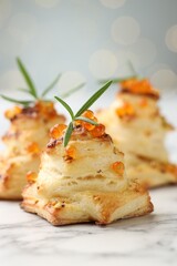 Tasty snacks with puff pastry, red caviar and rosemary on white marble table against grey background, closeup. Christmas appetizer