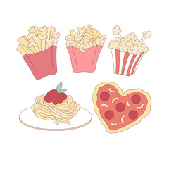 Heart Shaped Pizza Noodles Popcorn Fries Clipart Set, Cute Yummy Fast Food Valentines Day Illustration for T-Shirt Design, Scrapbooking and Stickers