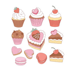 Romantic Cupcakes Cakes Cookies Clipart Set, Sweet Valentines Day Desserts Illustration for T-Shirt Design, Scrapbooking and Stickers