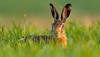 Obraz premium Brown Hare in Lush Grass Field.