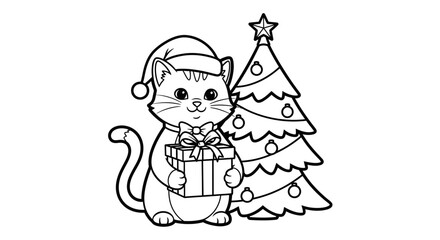 A cute cartoon cat wearing a Santa hat holds a gift in front of a Christmas tree.