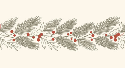 Hand-drawn Christmas garland with pine branches, holly leaves, and red berries on a cream background.
