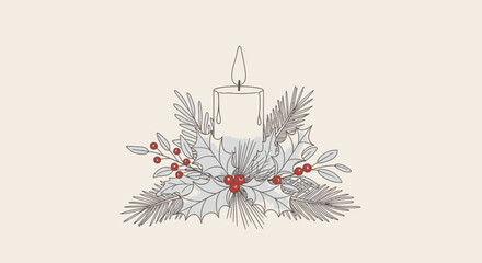 A detailed illustration of a candle surrounded by festive winter foliage and berries, a holiday decoration.