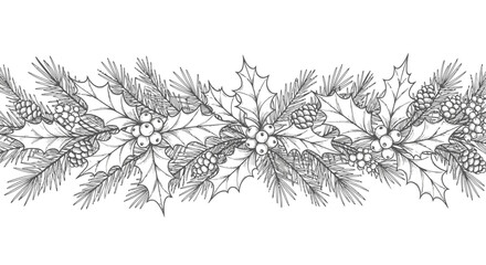 Detailed black and white drawing of a Christmas garland with holly and pine branches.