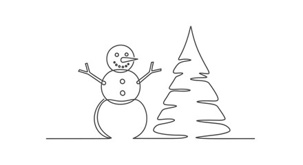 A simple line drawing of a snowman standing next to a Christmas tree on a white background.