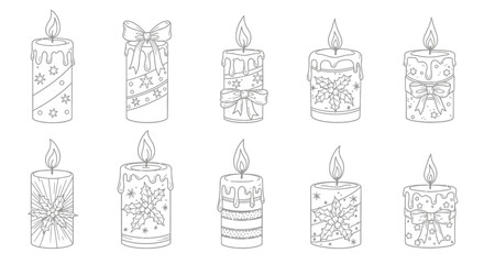 Outline drawings of ten festive Christmas candles decorated with bows, stars, holly, and snowflakes, suitable for coloring.