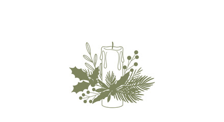 Illustration of a candle surrounded by holly, berries, and pine branches, creating a festive and decorative design.