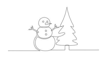 A simple line drawing of a snowman with a tree, depicting a winter scene with minimal detail.