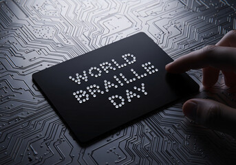 A finger touches a black card with world braille day written in braille dots on a circuit board background