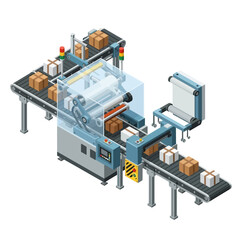 Industrial Assembly Line Vector Process with Boxes and Wrapping