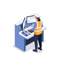 Isometric Vector Female Engineer Working at Industrial Control Panel