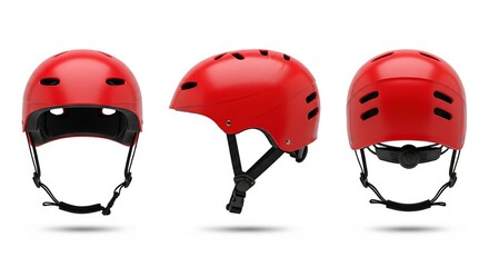 Obraz premium Red safety helmet for extreme sports like skateboarding or cycling in three views on white background