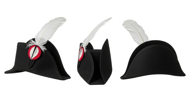 Black historical bicorne hat with cockade and feather shown from three different views isolated