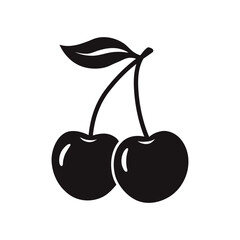 Two black cherries with stem and leaf isolated on white background