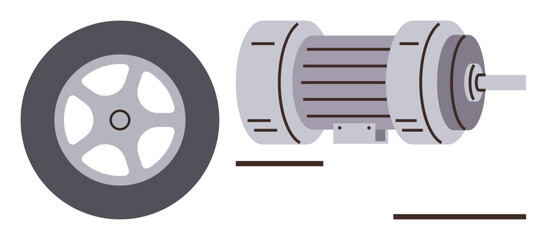Industrial electric motor paired with a vehicle wheel, emphasizing mechanics and drive systems. Ideal for automation, engineering, transportation, innovation, energy efficiency, mechanical processes
