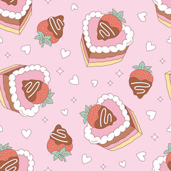 Romantic Retro Vintage Cake with Chocolate Strawberry Seamless Pattern, Sweet Valentines Day Background for Textile and Wrapping Paper Design