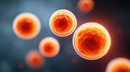 Cell movement in culture shows vibrant orange spherical structures glowing with life in scientific environment