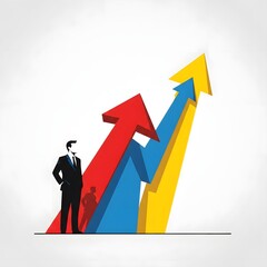 Dynamic visual of a confident businessman overseeing multicolored upward arrows, representing robust business growth, strategic success, market progress, and financial achievement