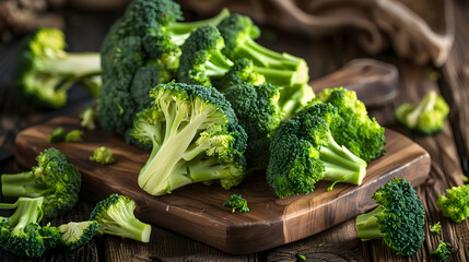 Vibrant Green Broccoli Arranged on a Natural Wooden Cutting Board