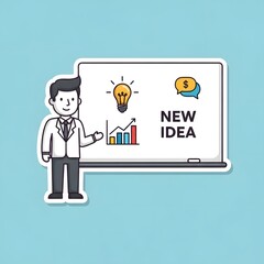 Businessman in a suit presenting a new business idea on a whiteboard, illustrating concepts of innovation, financial growth, and strategic planning