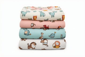Stacked kids' animal print shirts; studio shot, white background; online shop