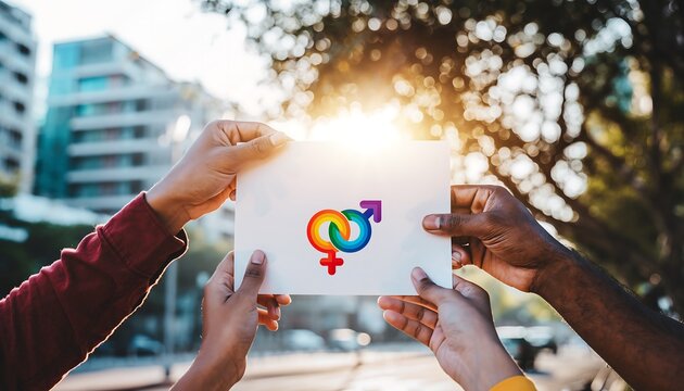 Celebrating love and equality, a diverse couple holds a vibrant rainbow gender symbol against a sunny urban backdrop