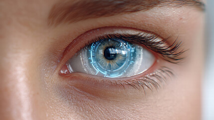 Obraz premium Ar interface reflected in eye with futuristic digital technology and human eye close up view