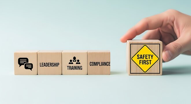 Wooden cube blocks with icon of safety at workplace in a clean minimal layout about teamwork and protection