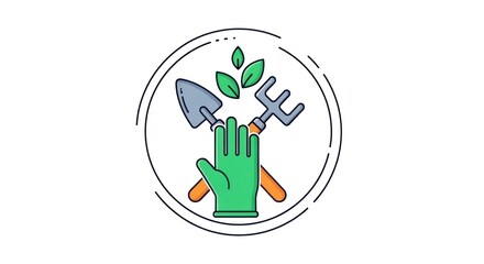 A green and red garden tool set with a green glove and a plant in a circular frame against a white background.