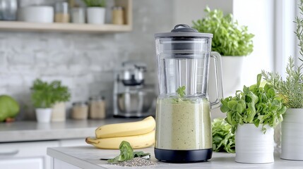 modern kitchen with a blender making a vibrant green smoothie, surrounded by fresh ingredients like bananas, spinach, and avocado