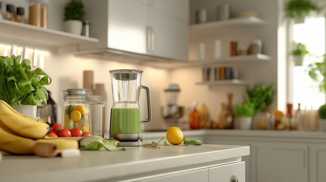 modern kitchen with a blender making a vibrant green smoothie, surrounded by fresh ingredients like bananas, spinach, and avocado