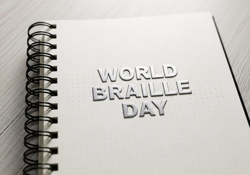 Closeup of a notebook with the words world braille day embossed on the cover, celebrating literacy and accessibility