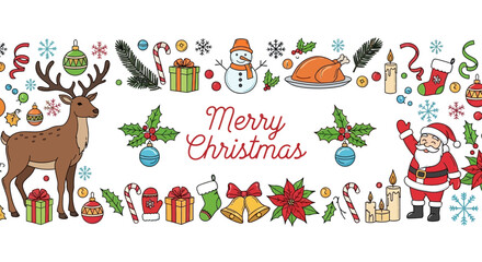 Colorful banner with hand-drawn Christmas and Happy New Year 2026 holiday icons. Vector illustration featuring Santa, reindeer, and festive decorations for a seasonal greeting