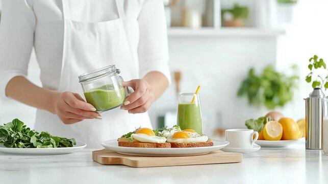 man preparing a nutritious breakfast of avocado toast, eggs, and a green smoothie in a bright modern kitchen