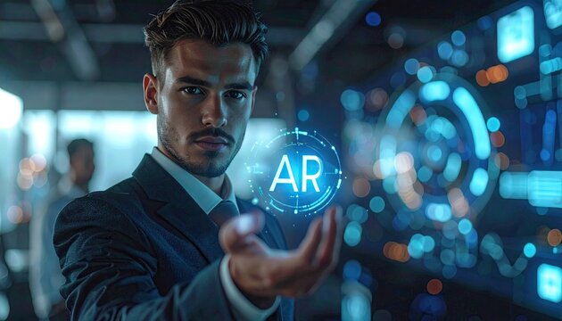 Man holding futuristic augmented reality interface hologram in modern office. - Powered by Adobe
