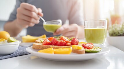 man preparing a nutritious breakfast of avocado toast, eggs, and a green smoothie in a bright modern kitchen, with sunlight streaming in