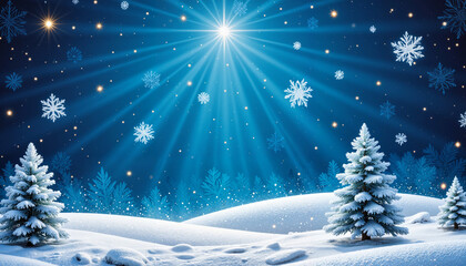 Magical winter landscape with snow-covered trees and sparkling snowflakes under radiant light