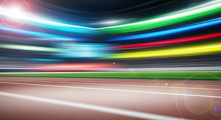 A vibrant, colorful, abstract sports stadium with streaks of light and a blurred, dynamic atmosphere.