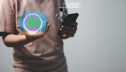 Man standing using smartphone with glowing AI icon and chatbot hologram, representing artificial intelligence, innovation, machine learning, and data futuristic digital communication technology