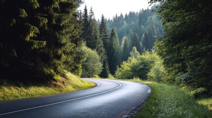 Fototapeta premium Winding road through a dense forest, showcasing the beauty of nature and adventure. Journey concept for travel or exploration.