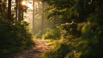 Obraz premium Sun filtering through lush forest trees onto a path. Nature trail in a sunlit wood for hiking or exploring outdoor beauty. Peaceful summer scenery concept.