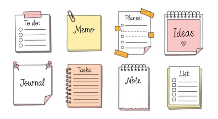 Doodle style sticky notes and notebook paper vector illustration. A graphic collection of templates for a to-do list, journal, memo, and planner