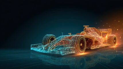Digital racing car in wireframe style. Futuristic automotive design concept for competitive sport and advanced engineering.