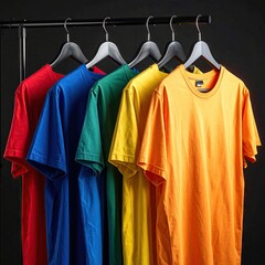 Obraz premium Row of bright solid color t-shirts displayed on hangers.