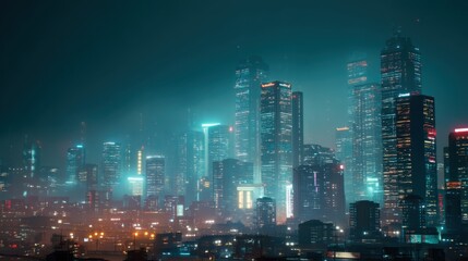 Obraz premium Futuristic city skyline at night with towering skyscrapers. Neon lights illuminate urban landscape. Modern real estate and advanced technology concept.