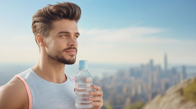 man drinking water from a clear bottle after an intense workout session, standing on a hilltop with a stunning panoramic view of the city below