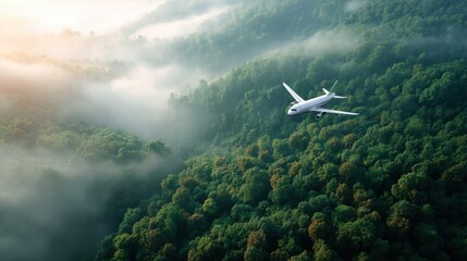 Fototapeta na wymiar White passenger airplane flying above foggy green forest during sunrise. Aerial view of aircraft over mountain landscape for travel concept.